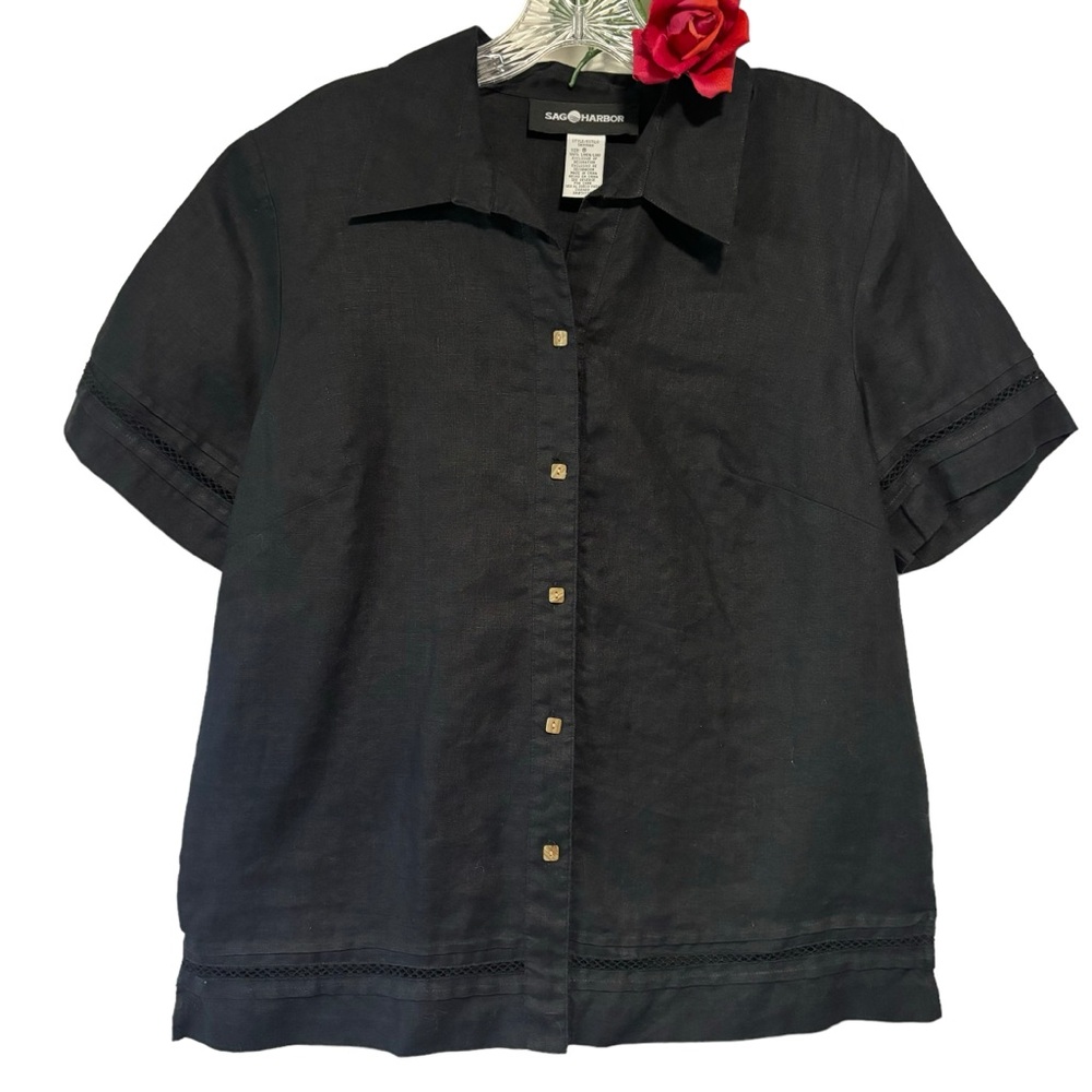 Sag Harbor Black LINEN Short Sleeve Button up Top Sz 8 square buttons LIKE NEW